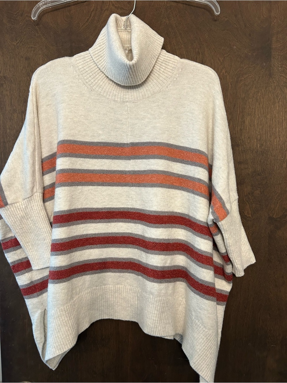 LOFT Cream Turtleneck Sweater with Rust & Gray Stripes